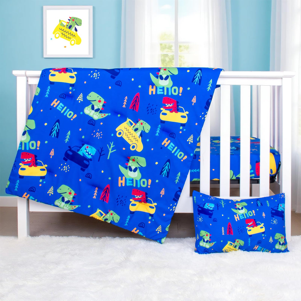 UOMNY boys nursery colors brighten the crib with dinosaur accents.