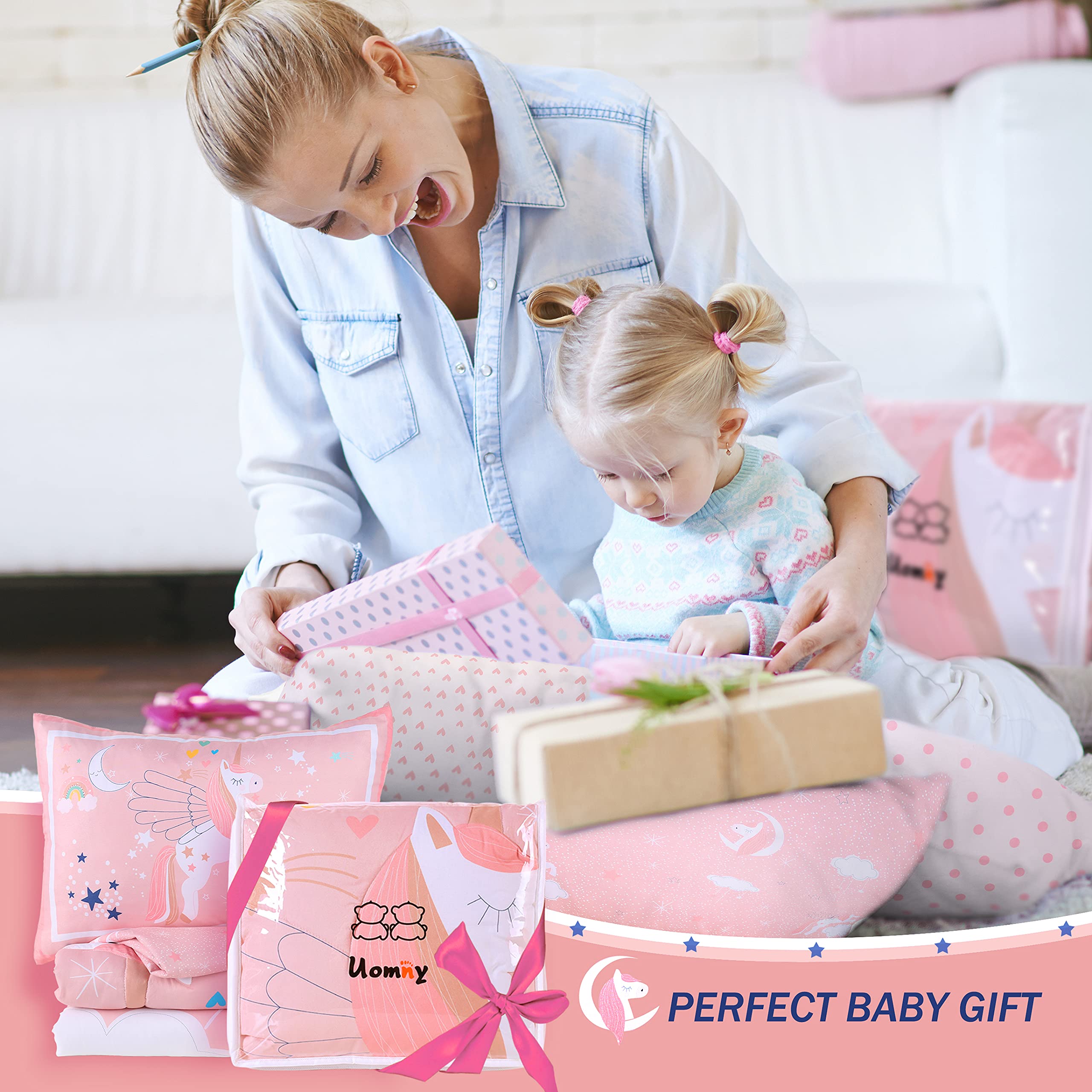 UOMNY nursery decor pink rainbow heart, bright pattern inspires cheerful bedding.