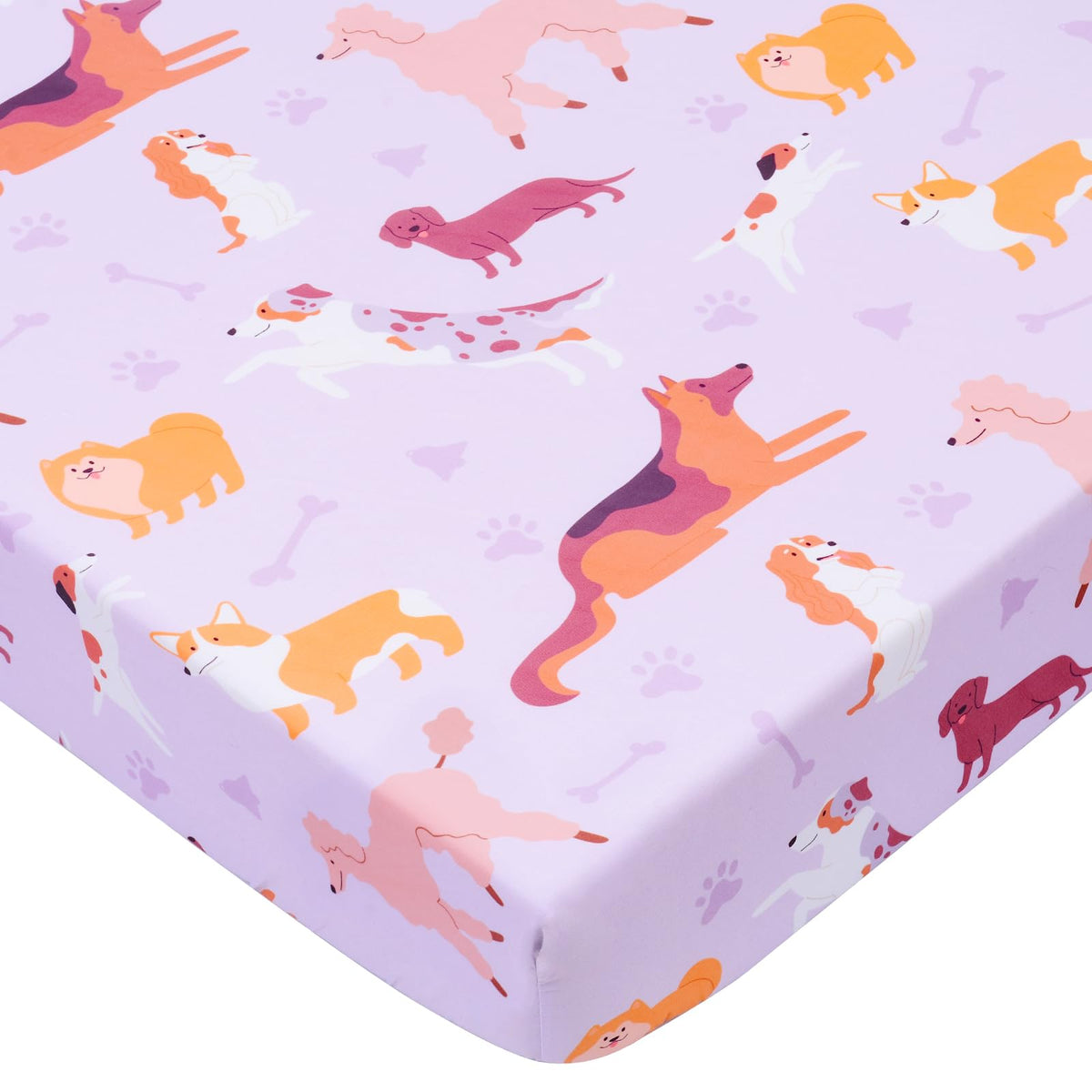 UOMNY purple dog pattern crib sheet securing a standard crib mattress.
