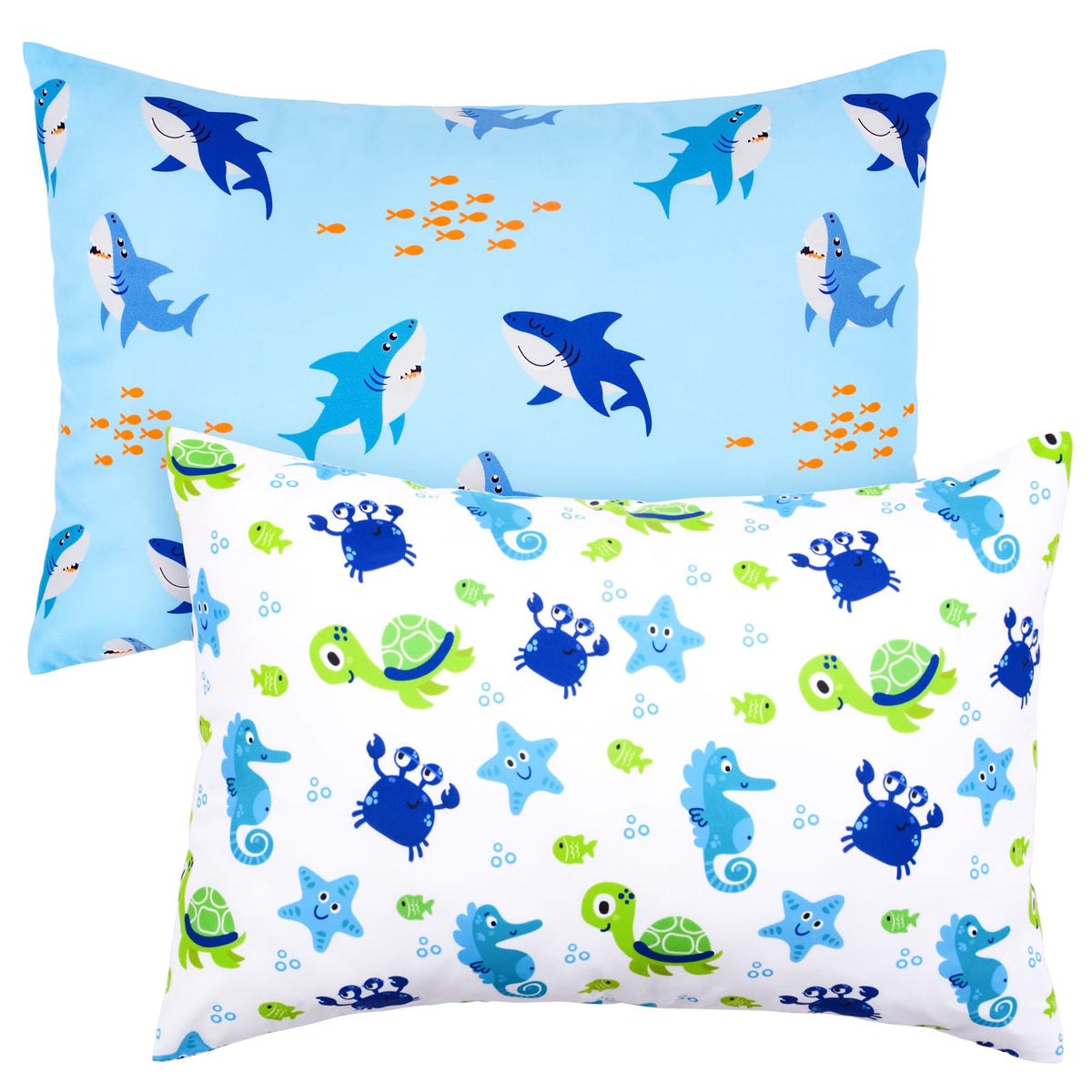 UOMNY turtle and shark toddler pillowcase in blue and white fits 13x18 for soft sleeps