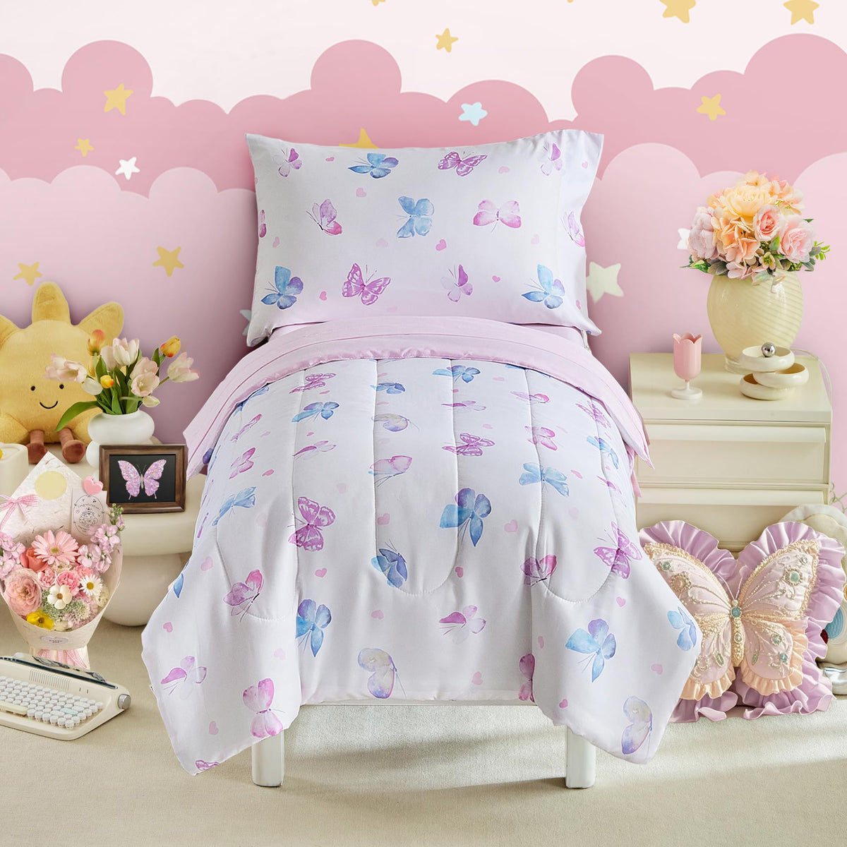 UOZZI BEDDING butterfly toddler comforter showcases colorful butterflies for cozy bedtime.