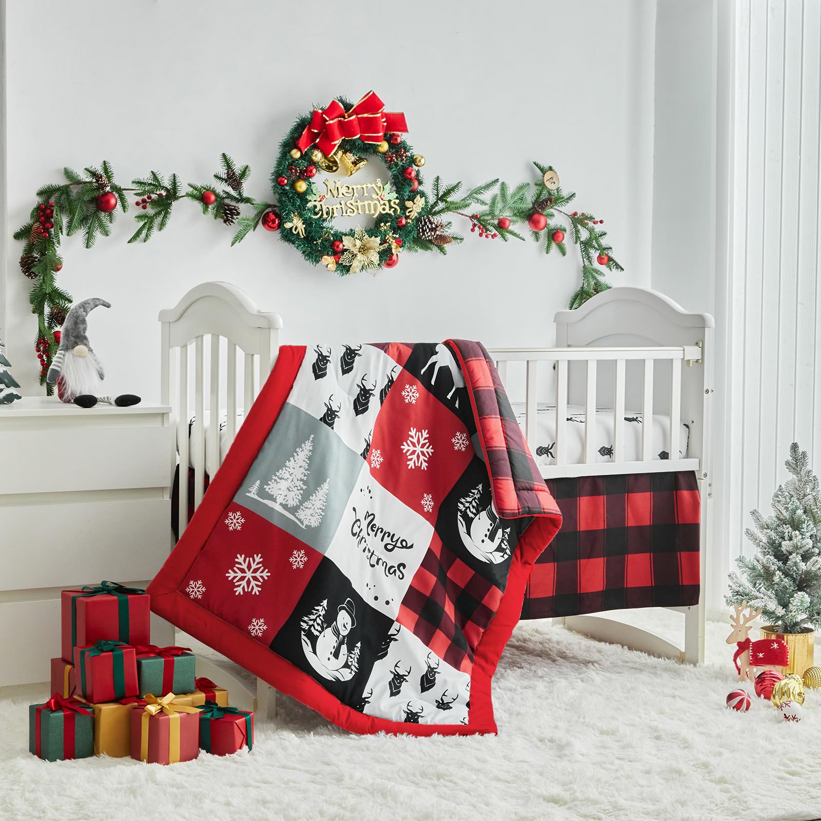 UOZZI BEDDING Christmas Gray crib bed skirt adds decorative finish to the nursery.