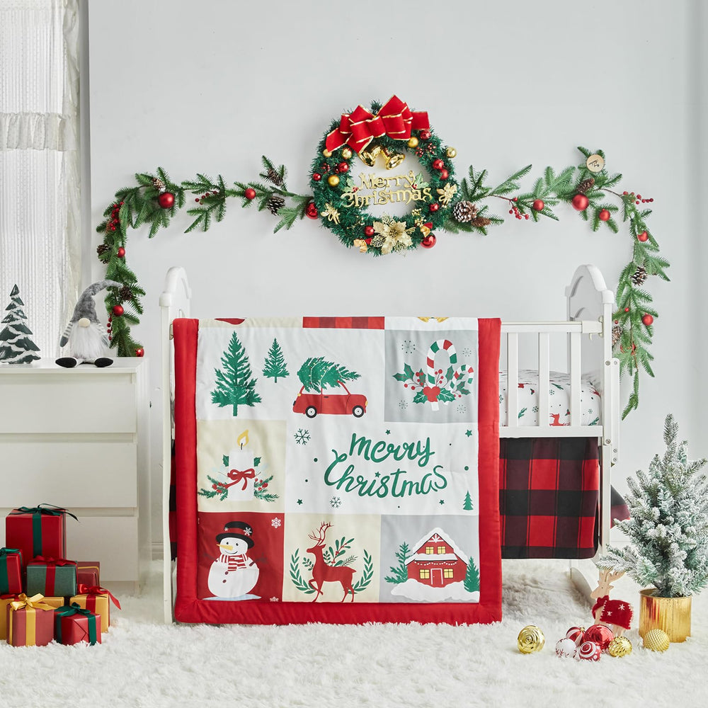 UOZZI Bedding Christmas red crib bedding set, full 3-piece ensemble for festive nurseries.