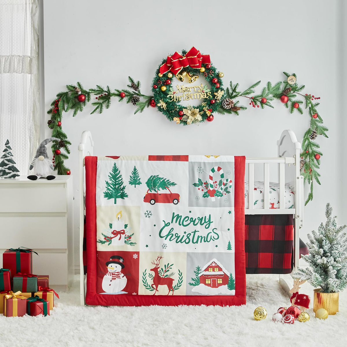 UOZZI Bedding Christmas red crib bedding set, full 3-piece ensemble for festive nurseries.