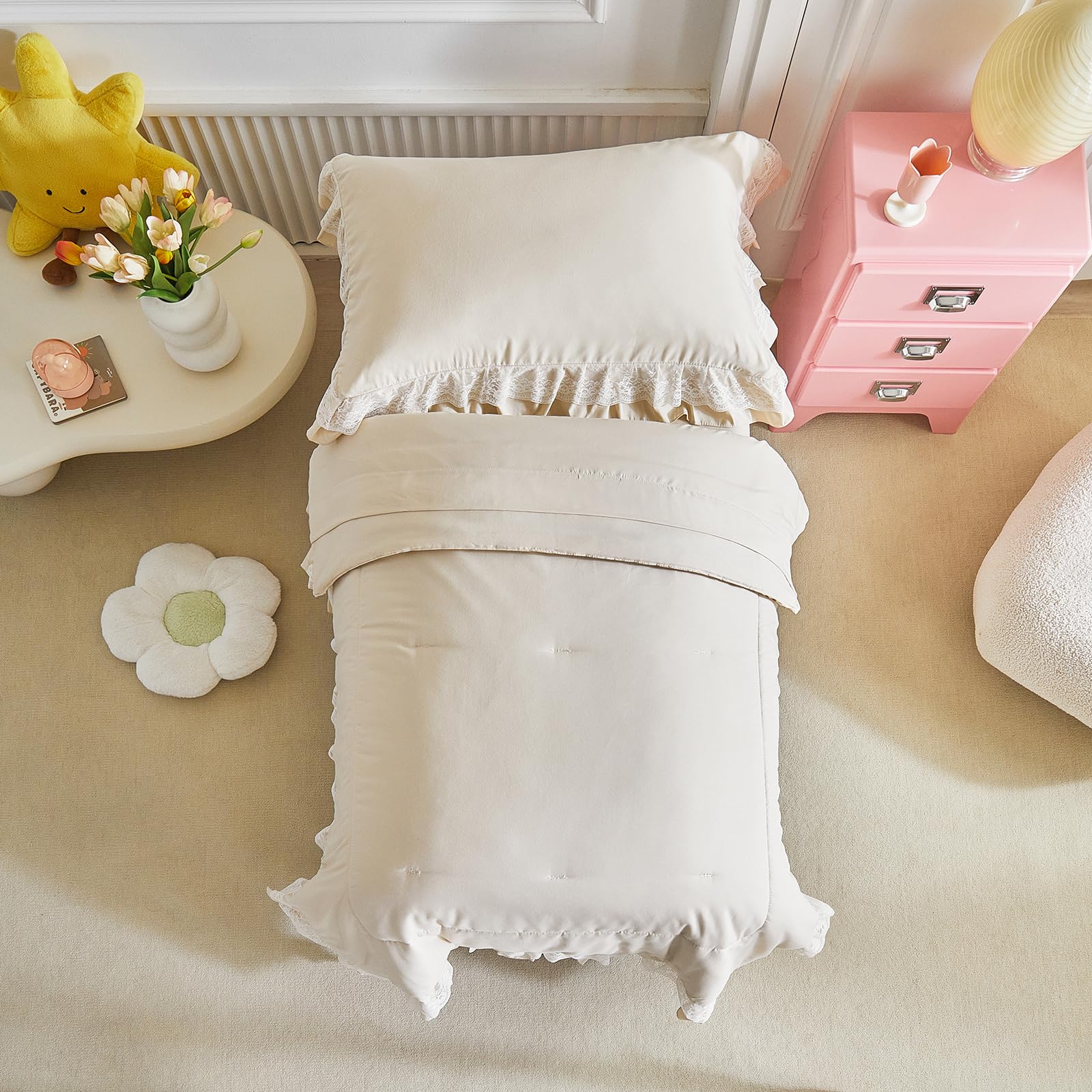 UOZZI Bedding cream white toddler bed scene with princess-inspired decor