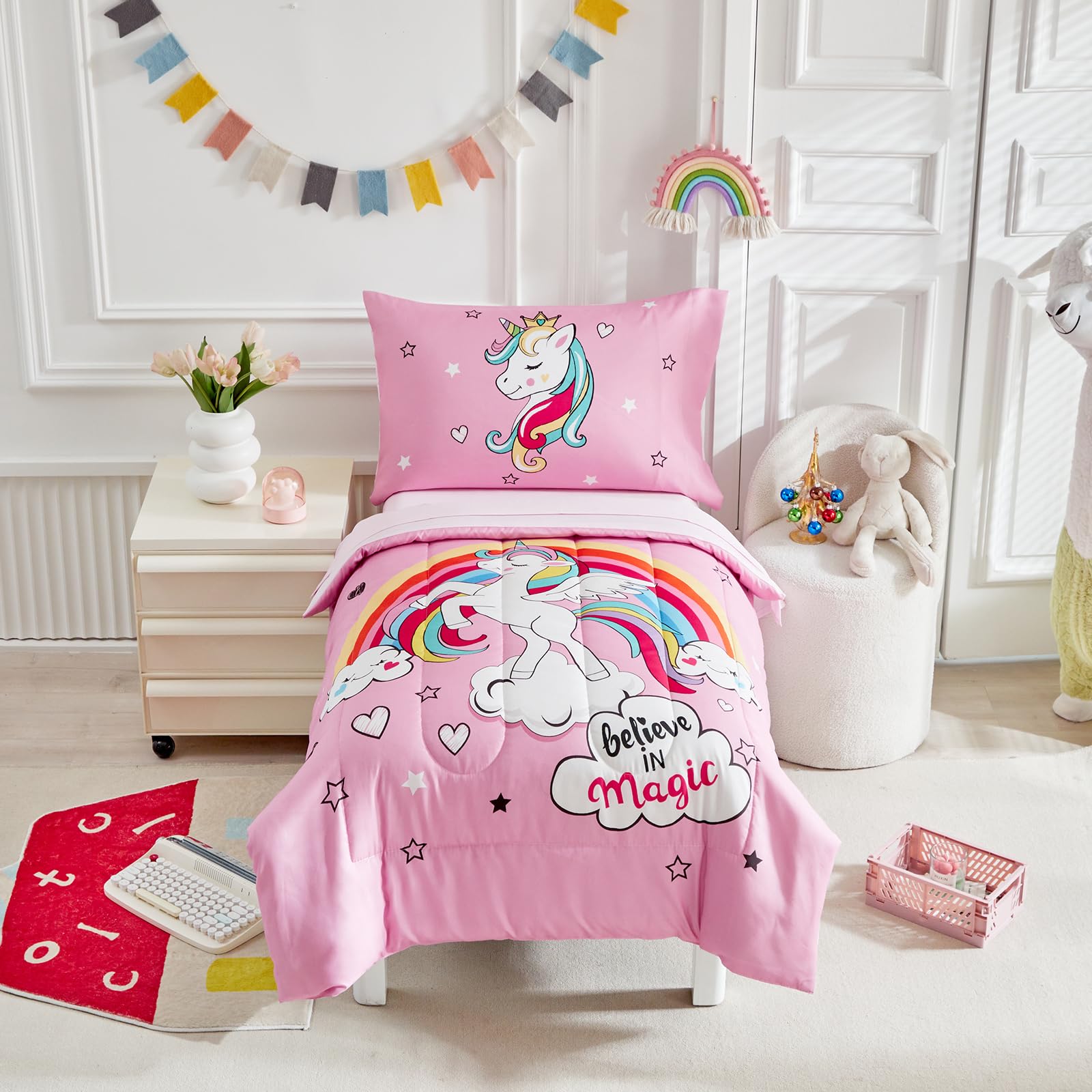 Flat sheet displays rainbow design to brighten bedtime routines.