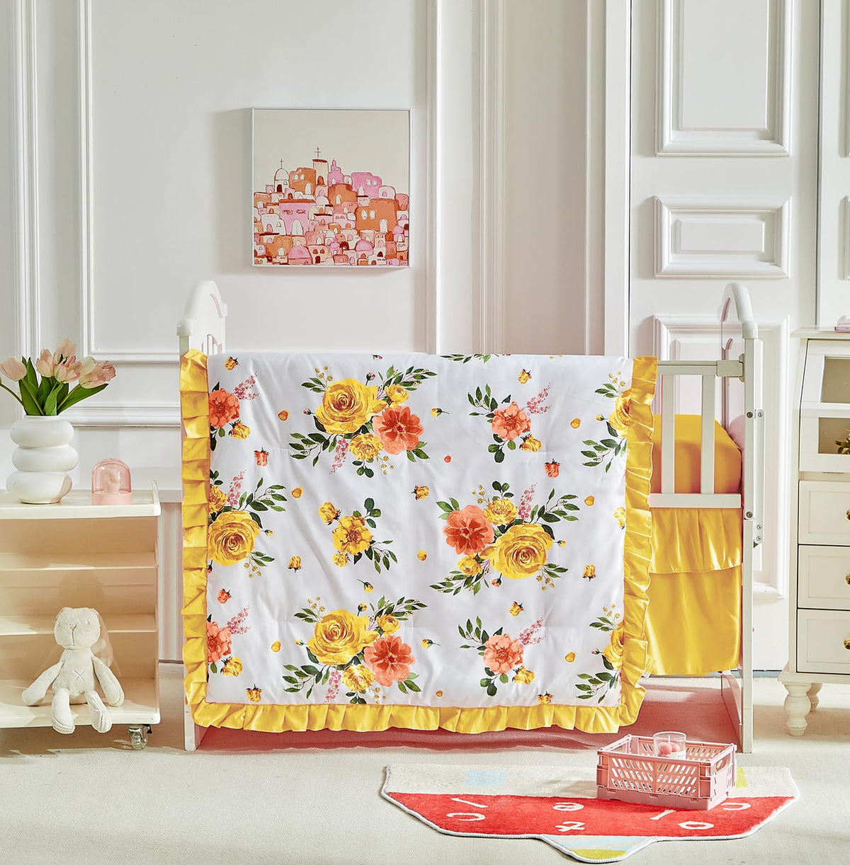 UOZZI Bedding Flowers mini crib comforter with ruffle offers cozy warmth and easy care.