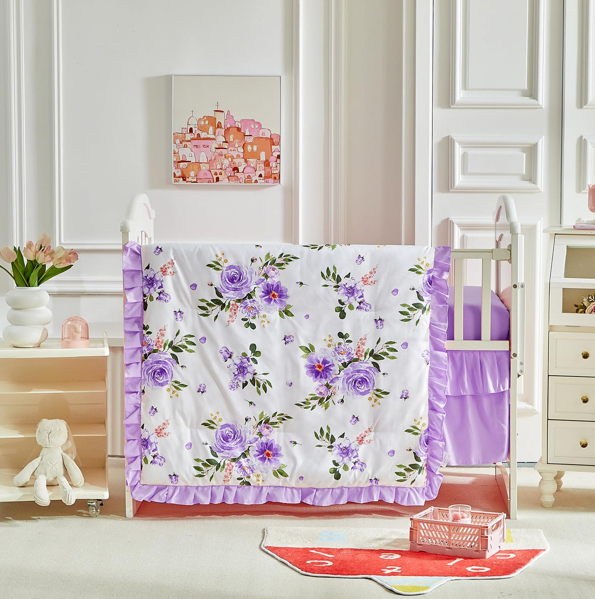 UOZZI BEDDING Flowers mini crib set with soft quilted comfort for baby naps