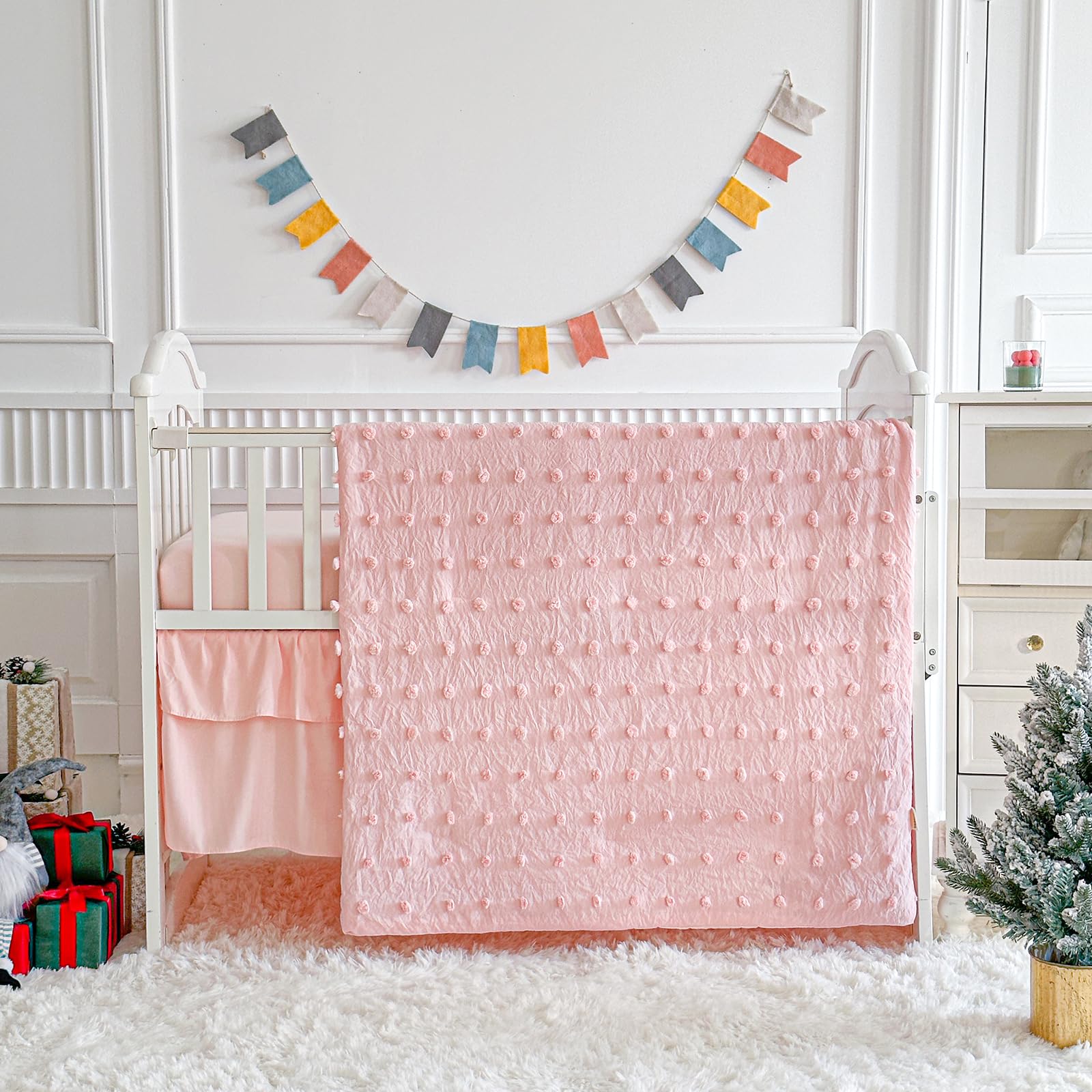 UOZZI Bedding pink crib set with tufted dots jacquard for stylish nursery decor