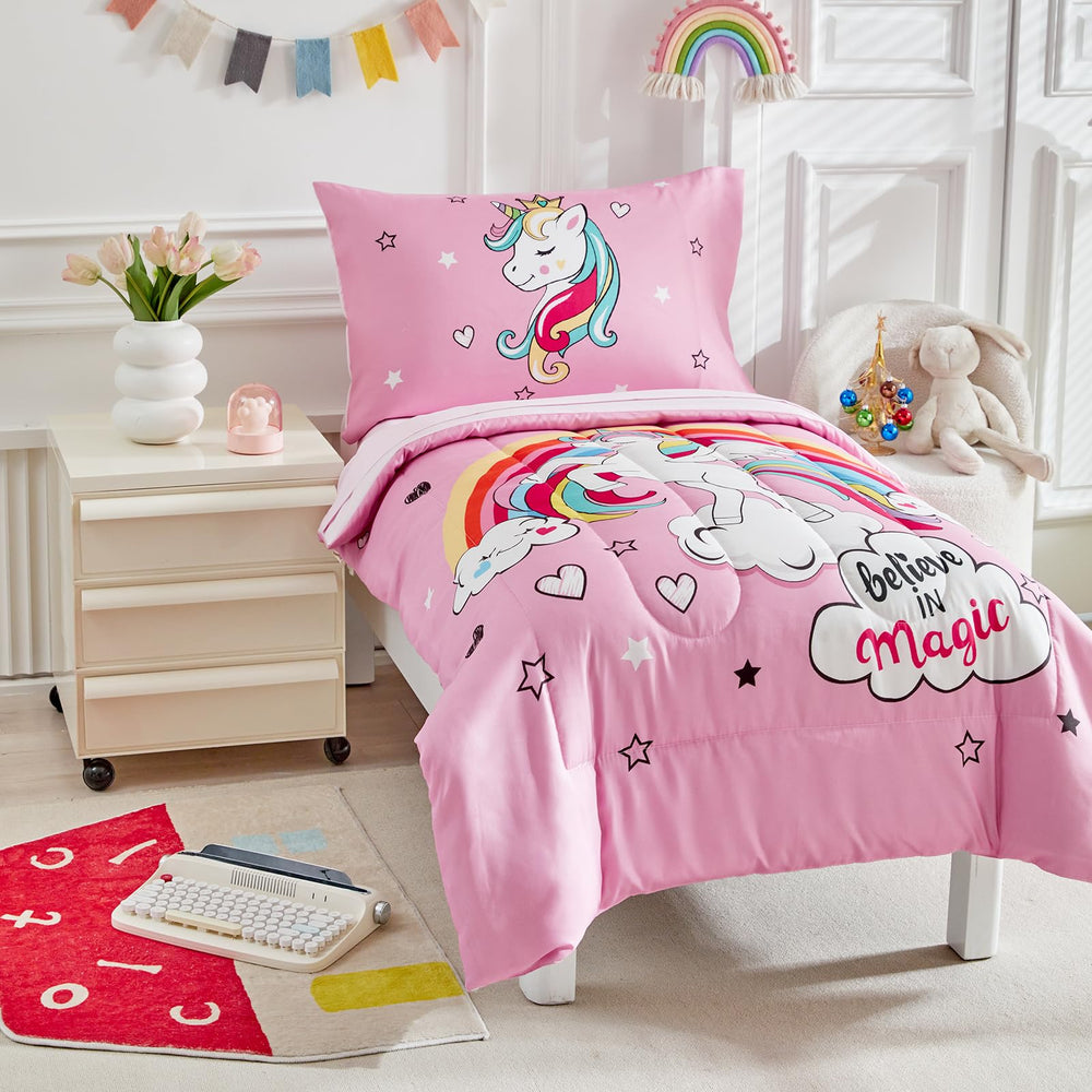 Reversible comforter shows clouds and stars for versatile styling.