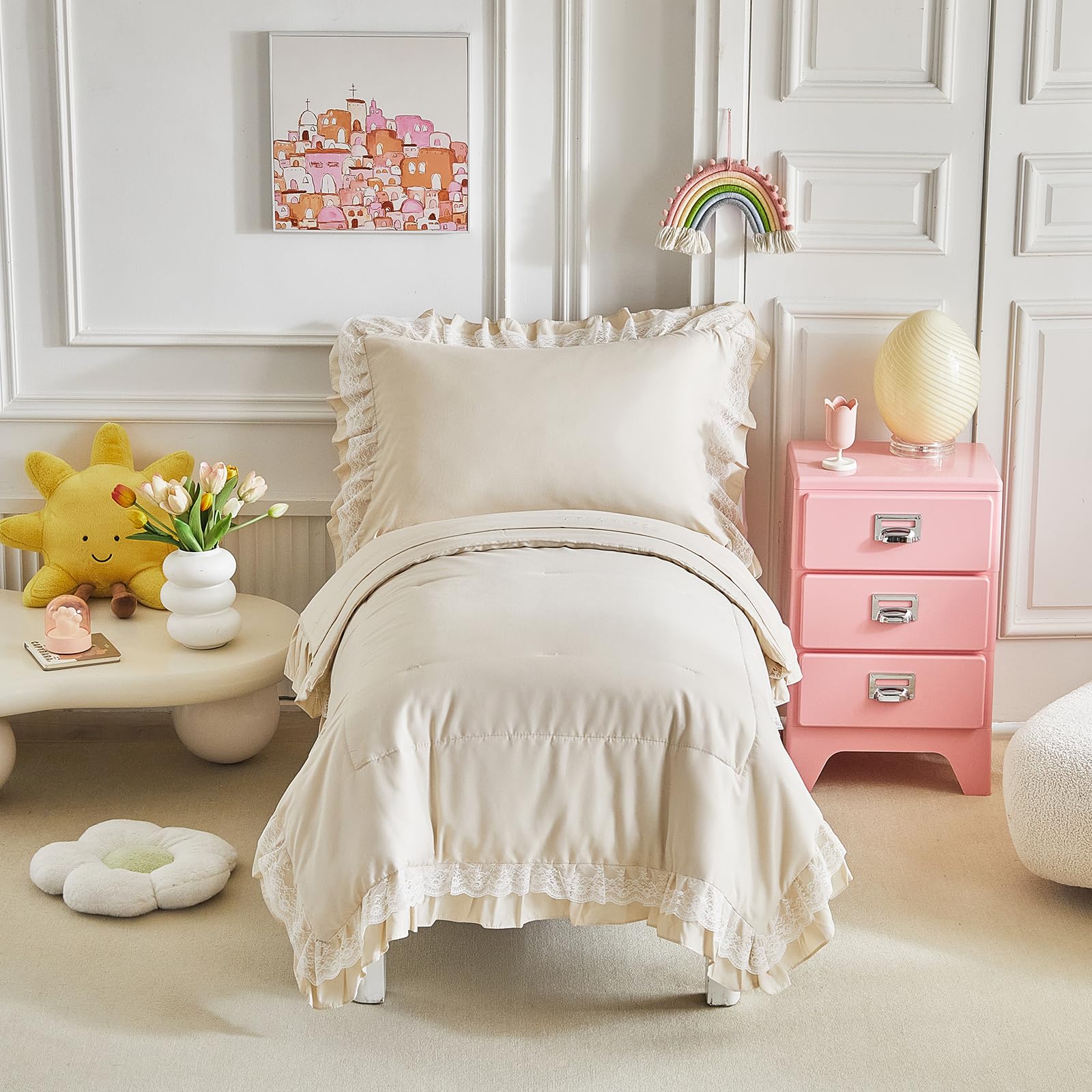 UOZZI Bedding ruffled lace toddler comforter for cozy nights
