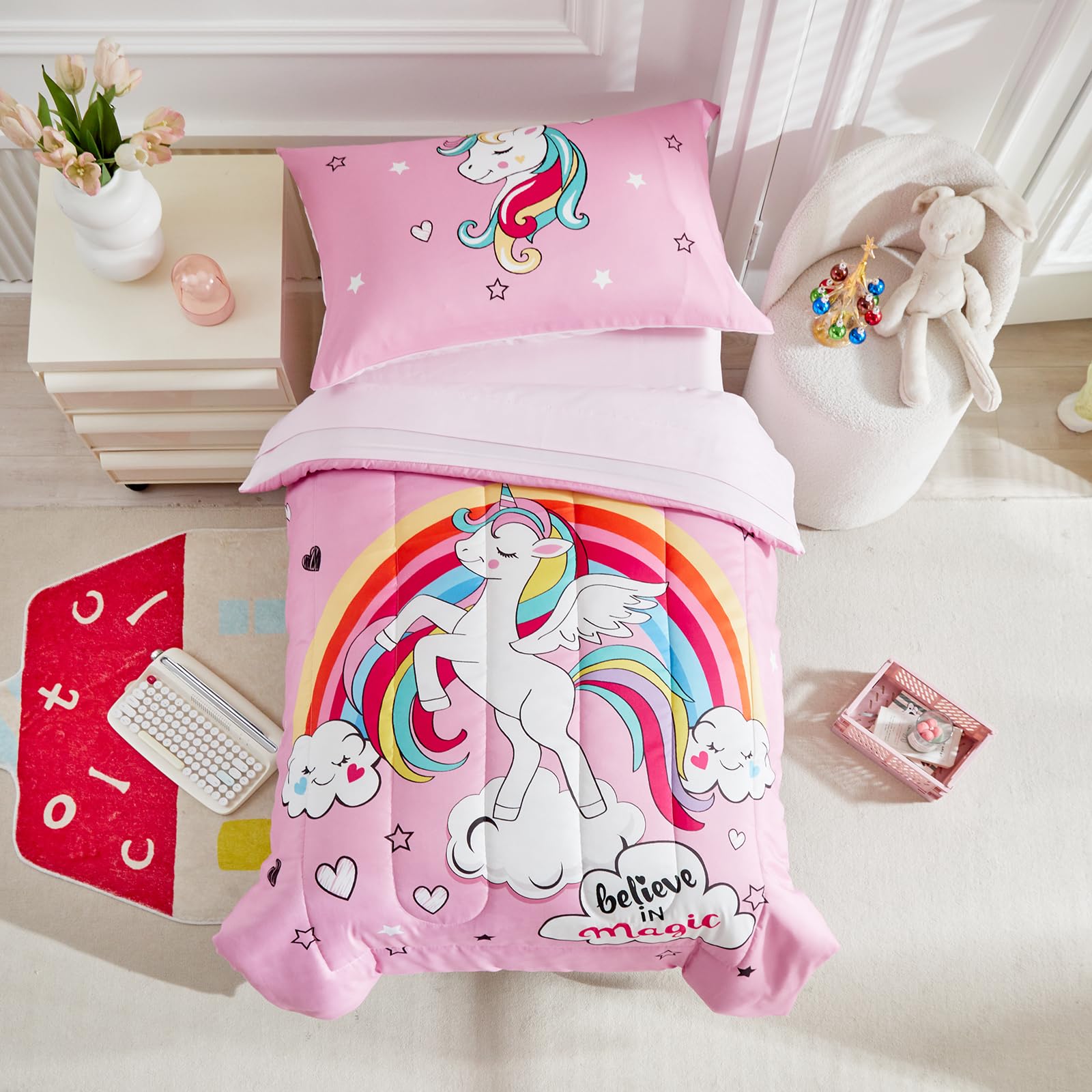 UOZZI Bedding pink unicorn comforter with tassels for toddlers, cozy bedtime.