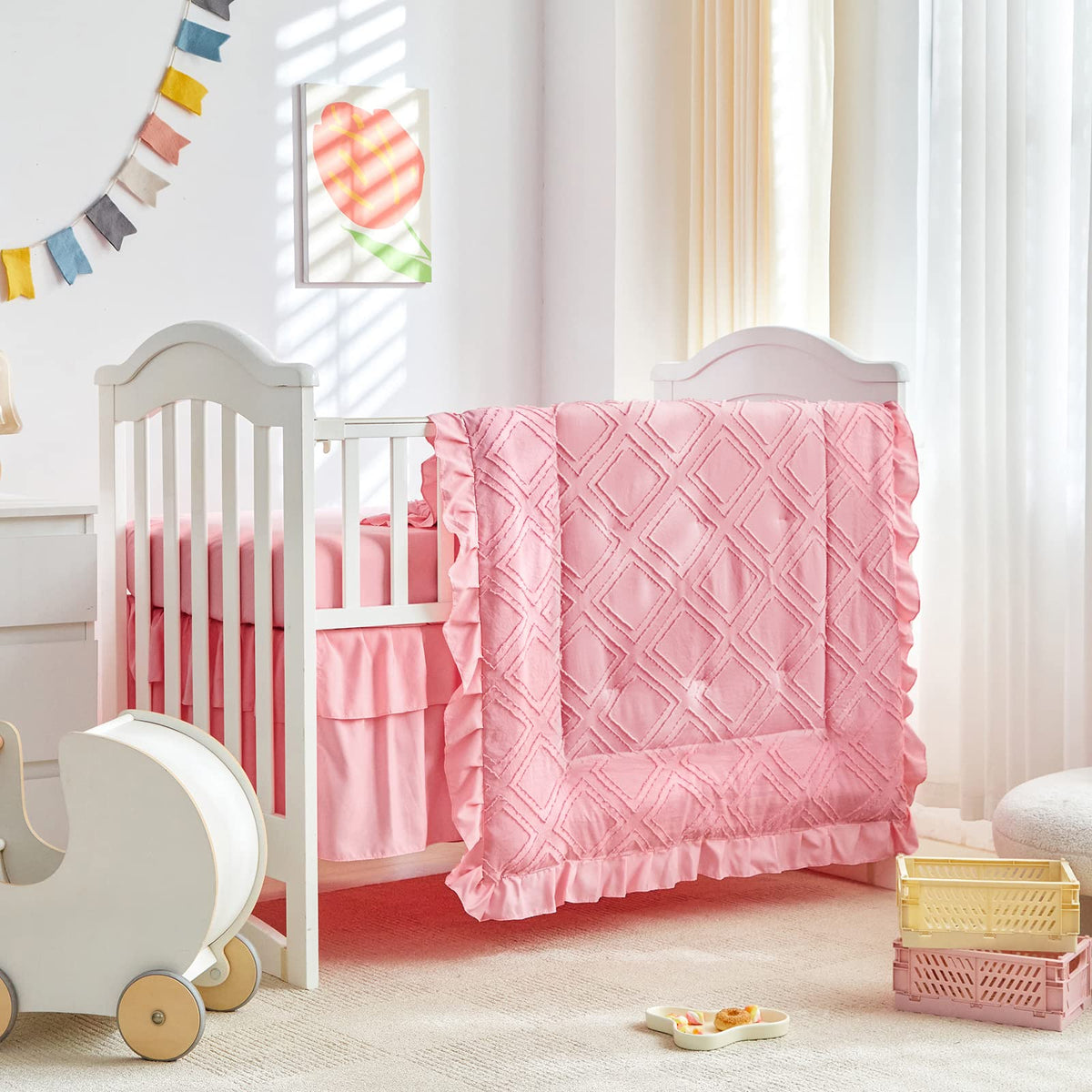 UOZZI Bedding tufted ruffle crib comforter adds cozy, stylish appeal