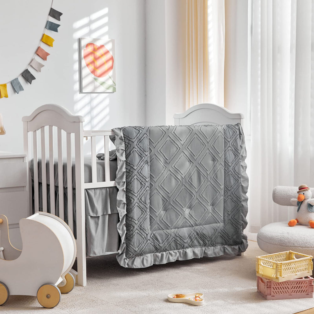 UOZZI BEDDING tufted ruffle crib comforter in gray