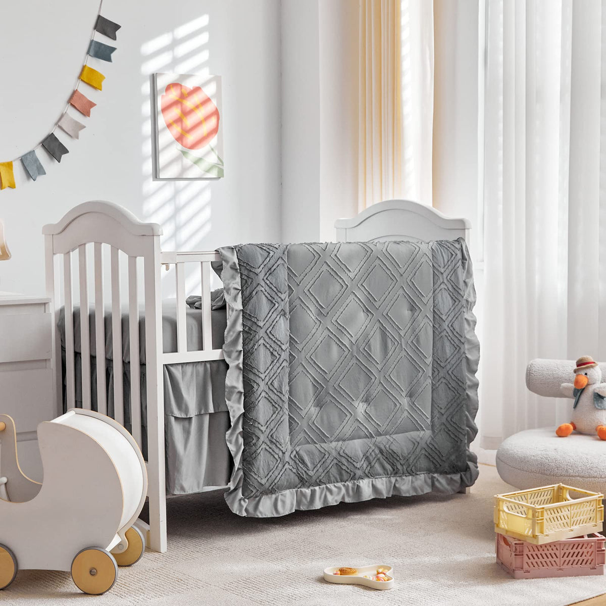 UOZZI BEDDING tufted ruffle crib comforter in gray