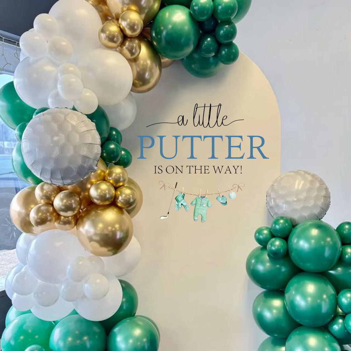 Upfirst A Little Putter is on the Way decal enhances golf-themed baby shower backdrop.