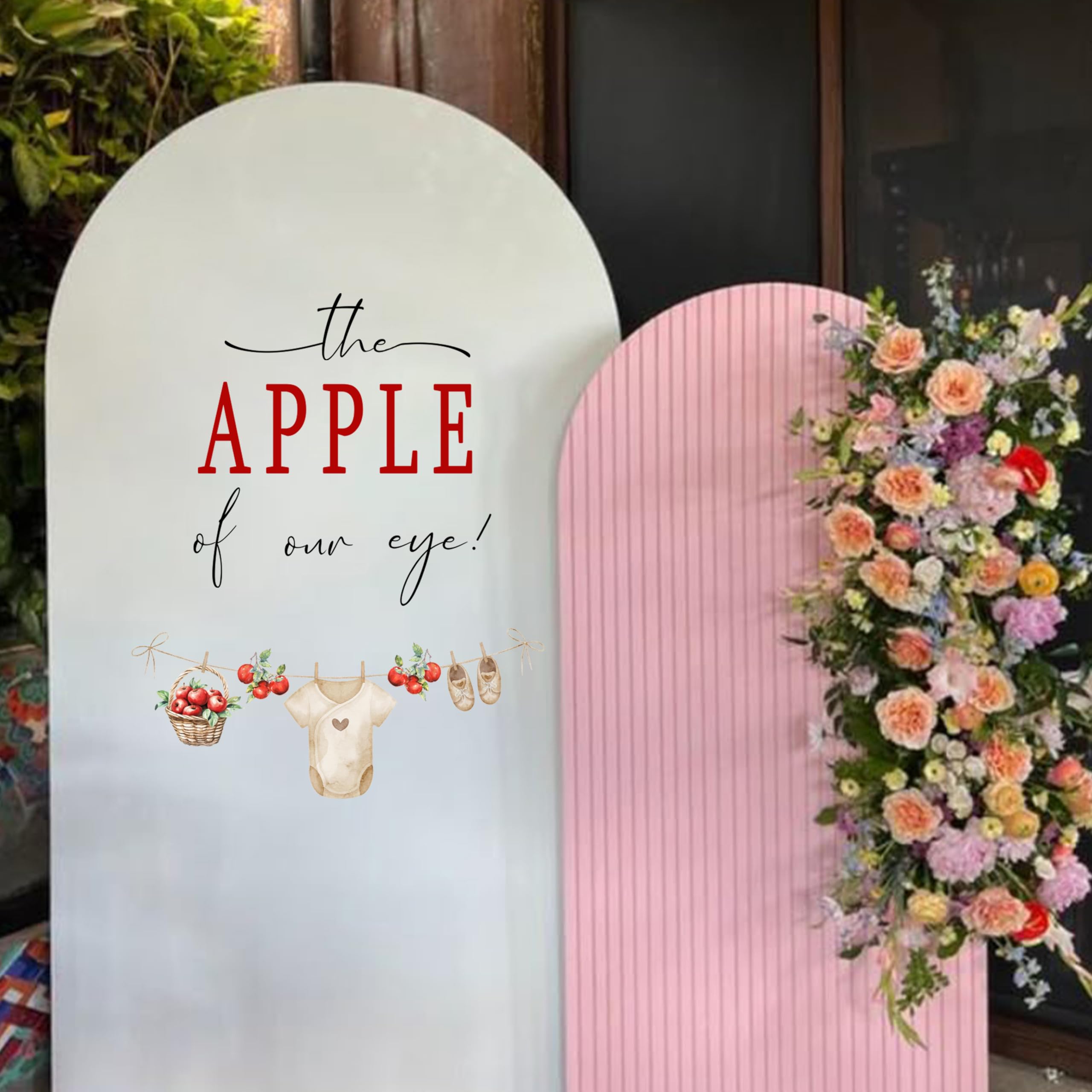 Upfirst onesie illustration decor complements apple theme and nursery styling.