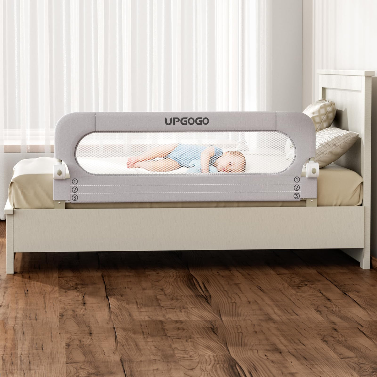 UPGOGO folding bed rail in gray showing a 59x23.6 inch frame for safe toddler sleep