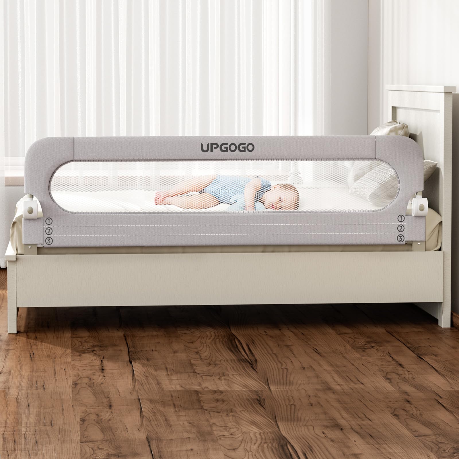 UPGOGO folding bed rail for toddlers in gray provides secure sleep across 71 by 23.6 inches.