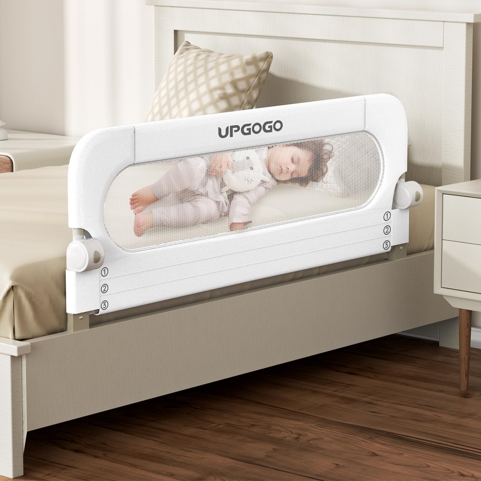 UPGOGO folding bed rail in white ready for toddler bedtime use
