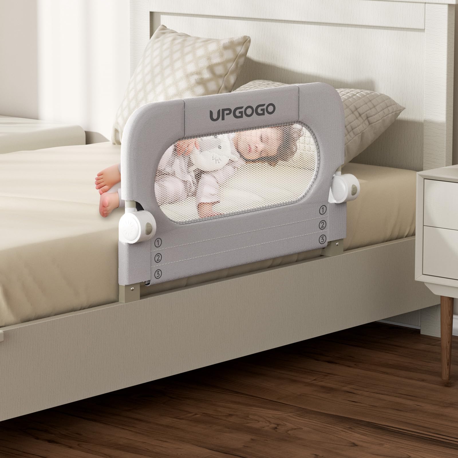 UPGOGO folding bed rail front view shows sturdy protection for crib to bed transition.