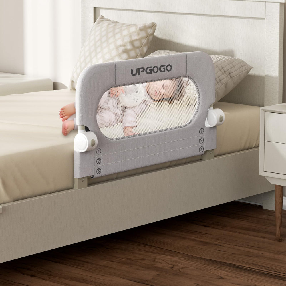 UPGOGO folding bed rail front view shows sturdy protection for crib to bed transition.