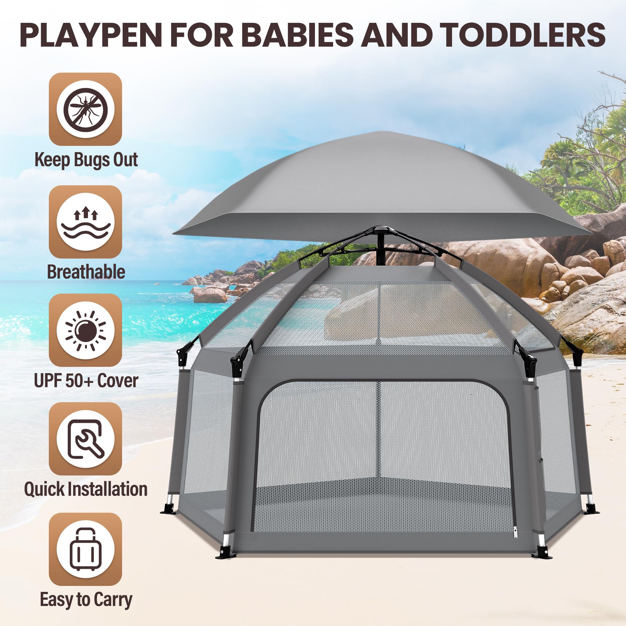 UPHUNAL playpen canopy and side curtains protect from sun