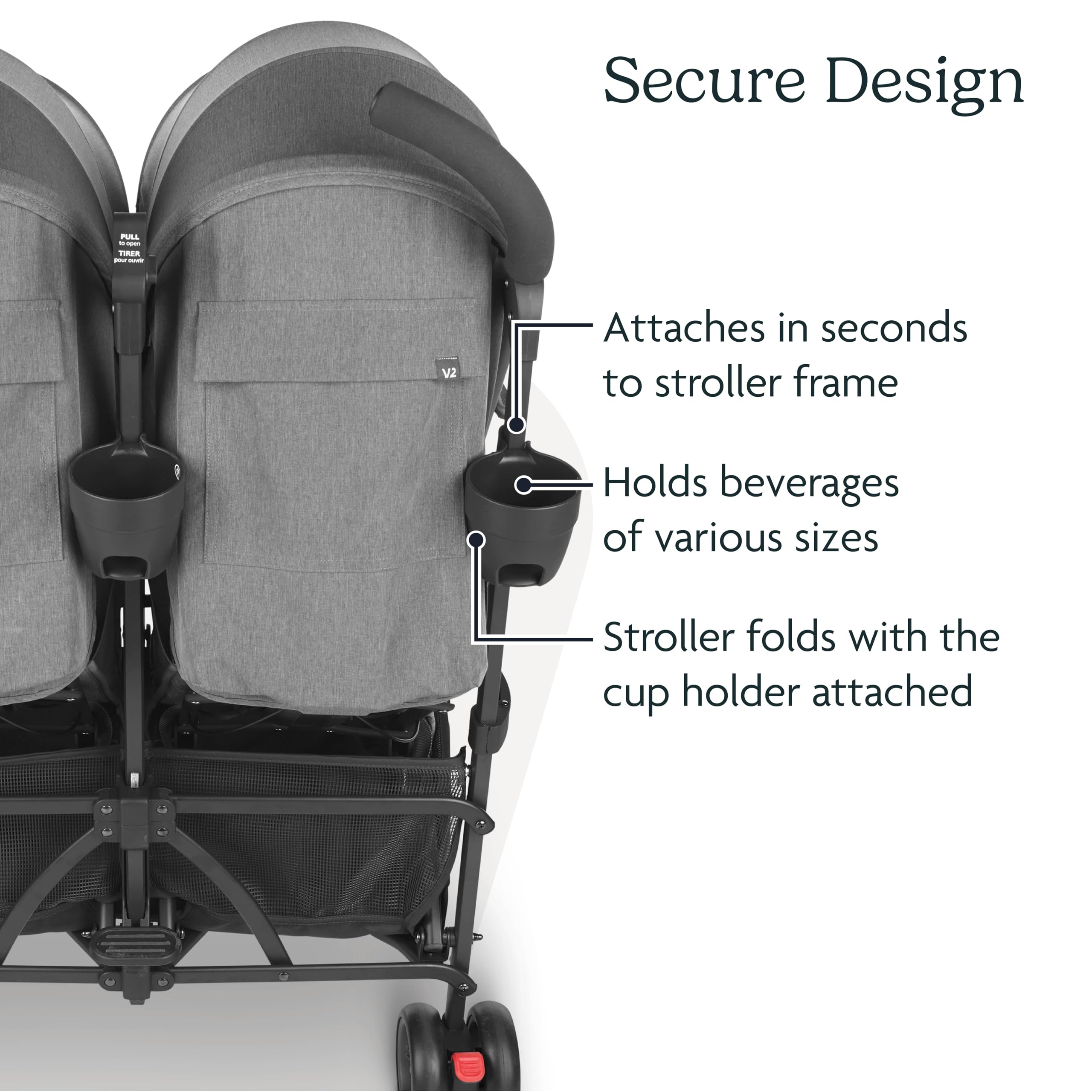 UPPAbaby Cup Holder folds with stroller for compact storage.