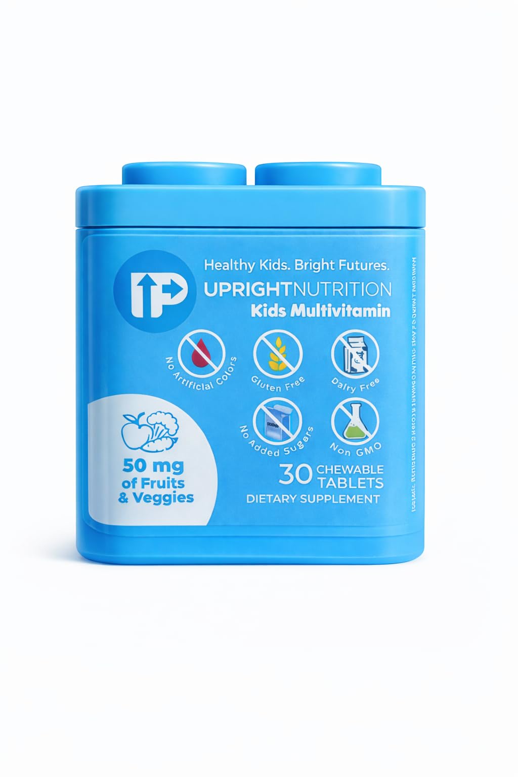 Upright Nutrition children's multivitamin bottle promotes daily nutrition for growing kids.