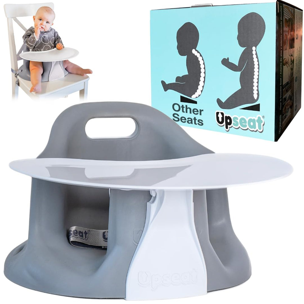 Upseat baby seat on the floor supports upright posture during meals and play.