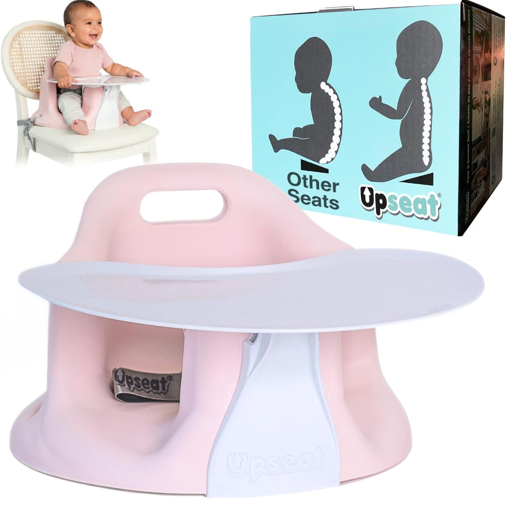 Upseat baby seat with tray supports upright sitting for feeding and play.