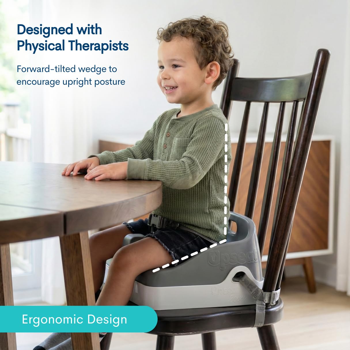 Upseat Boost adjustable harness demonstrating secure, growing-friendly restraint.