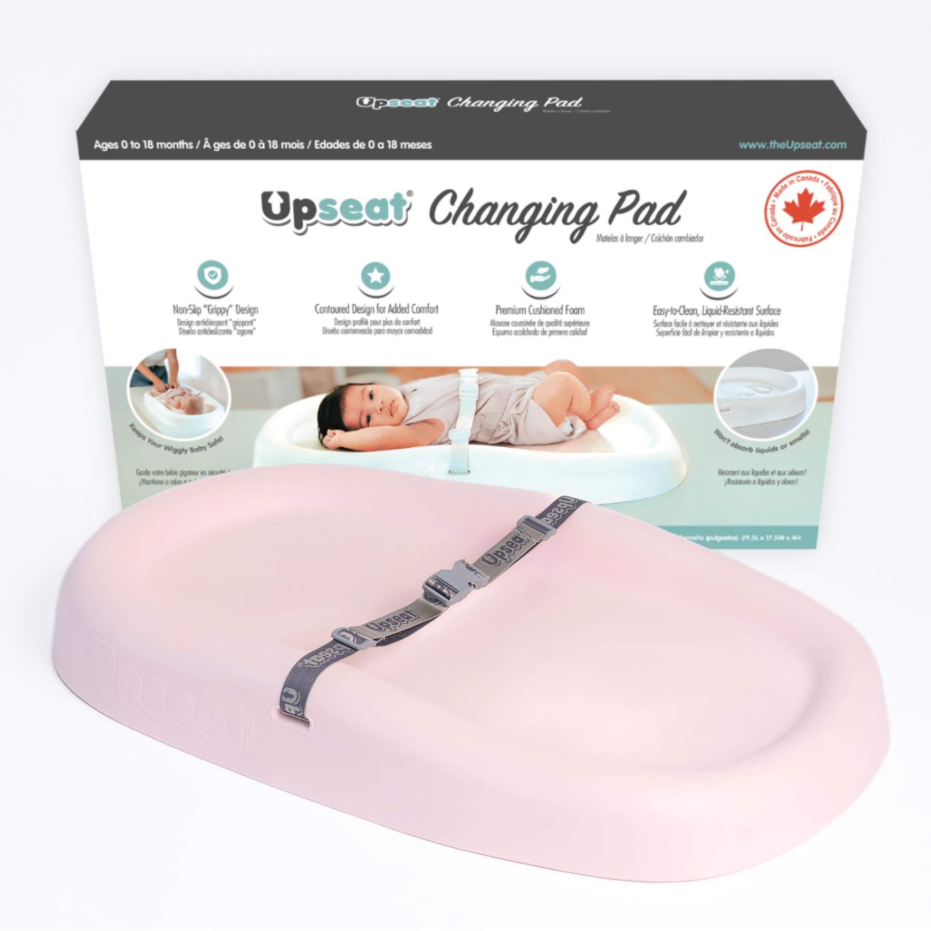 Upseat changing pad non-slip grip keeps baby secure during diaper changes.