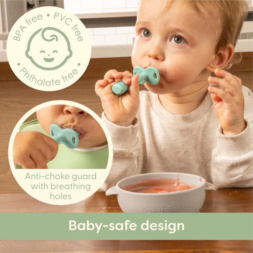 UpwardBaby feeding spoons, dishwasher-safe for quick cleanup.