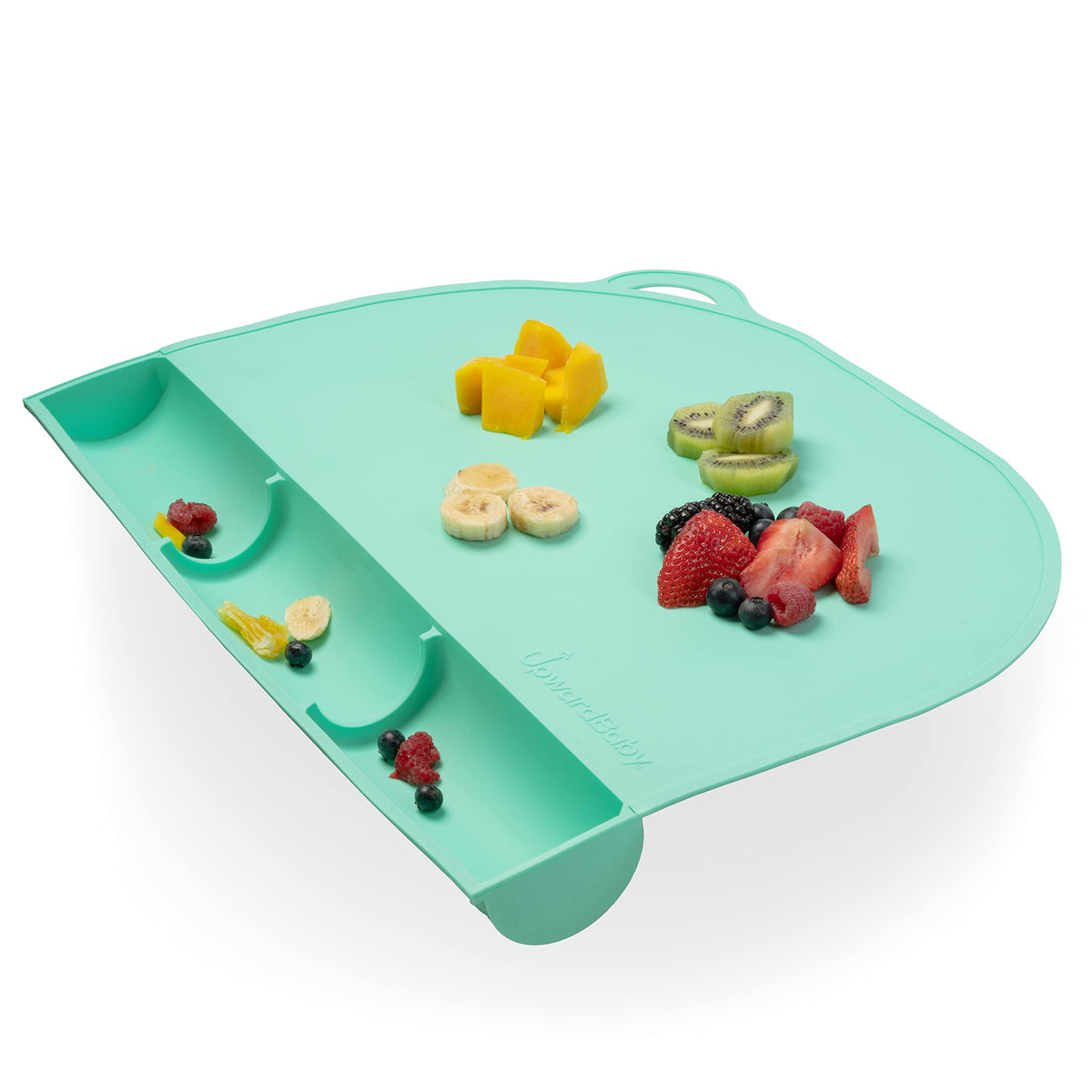 UpwardBaby rectangular silicone placemat in mint on table for mess-free meals