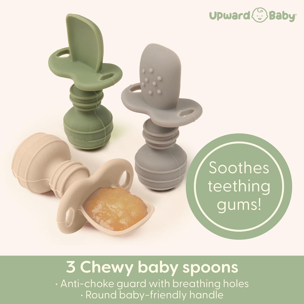 UpwardBaby silicone bibs with food catcher to reduce spills.