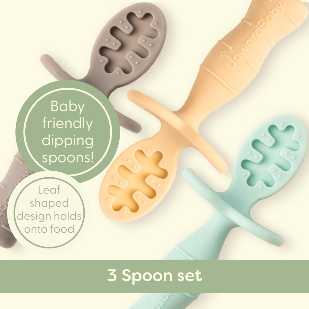 UpwardBaby silicone spoons with anti-choke barrier for safer feeding.