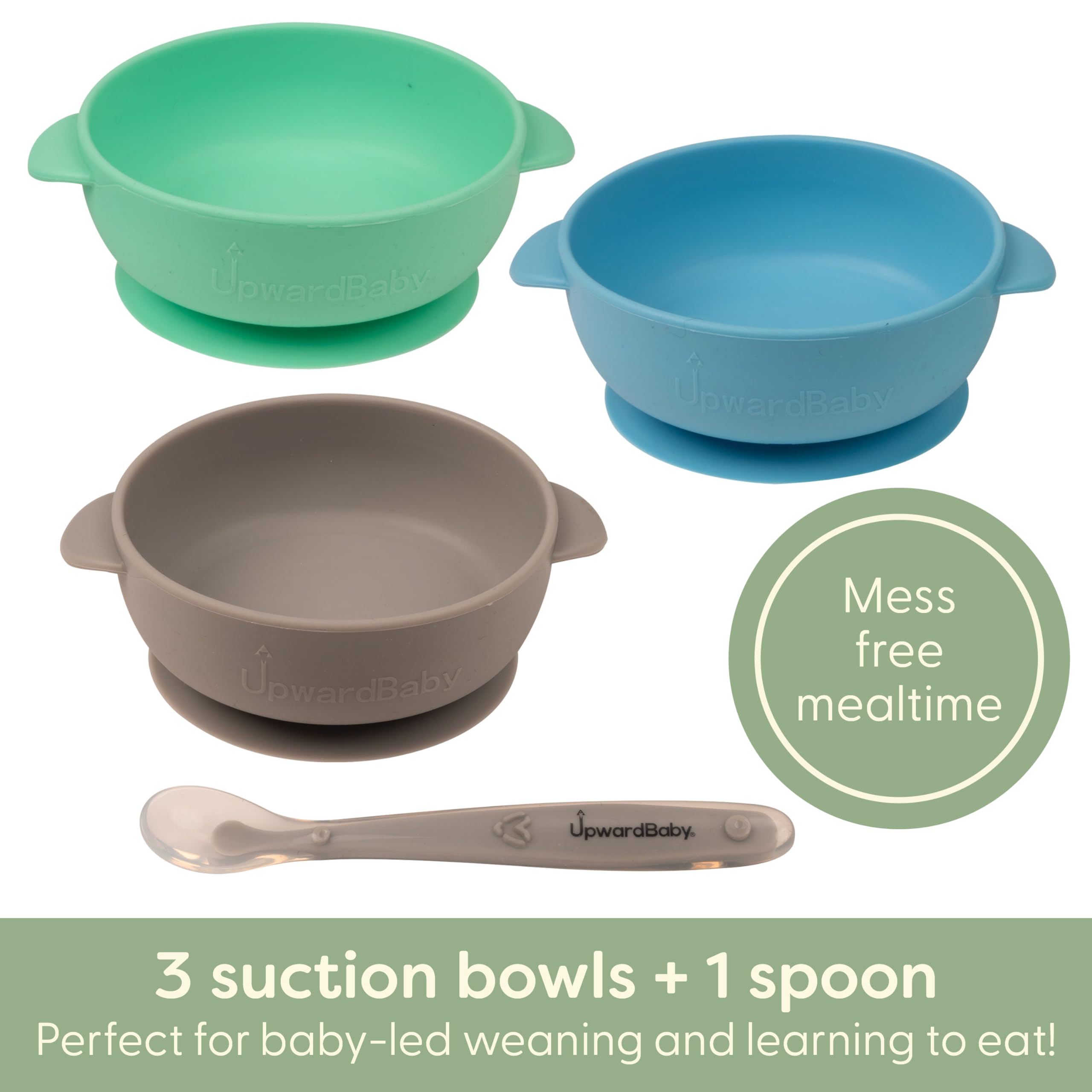 UpwardBaby suction bowls securely attached to tray to reduce spills.