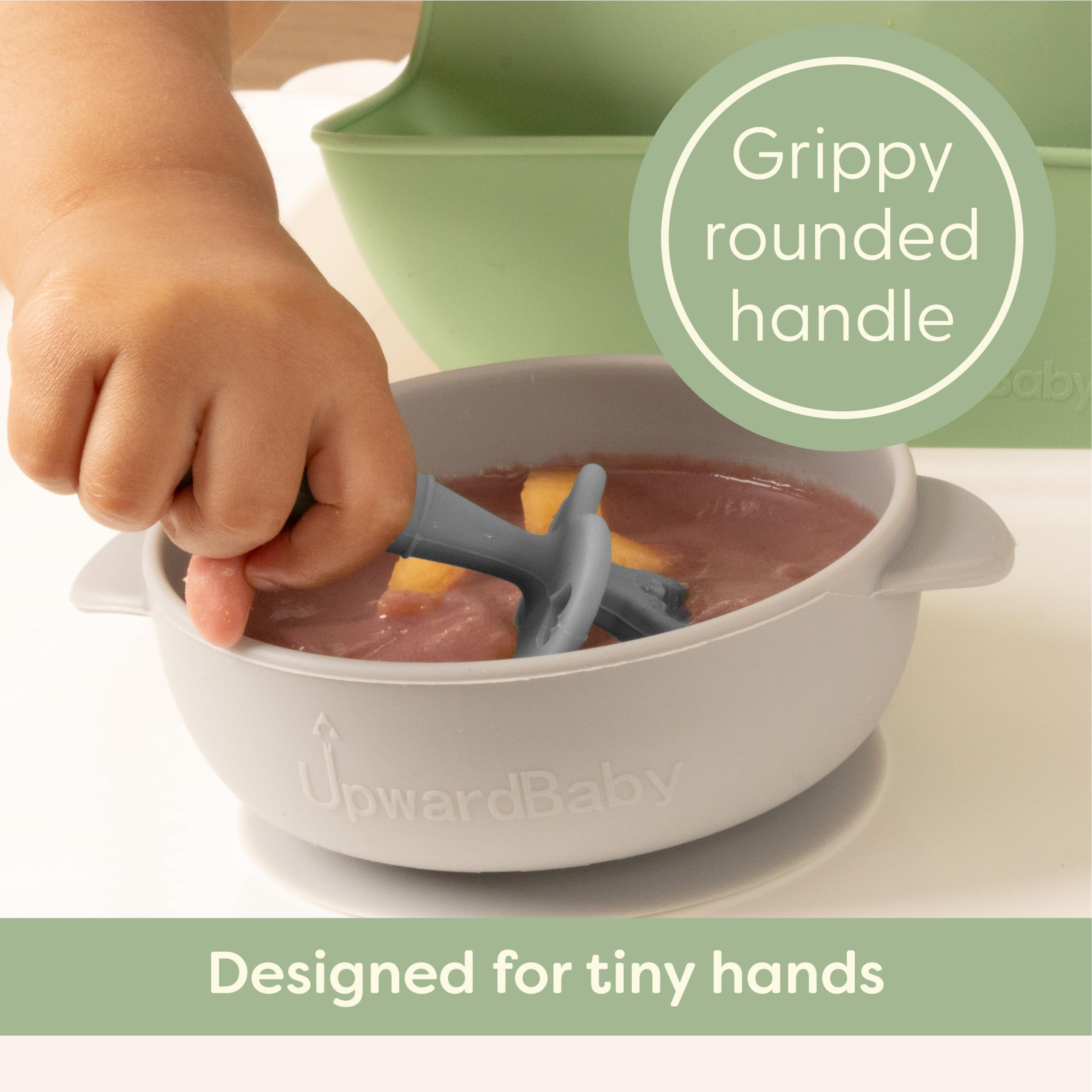 UpwardBaby spoons feature textured bumps to massage gums during meals.