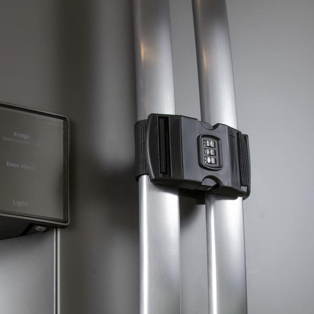 Urban August fridge lock closed on French doors demonstrating child safety