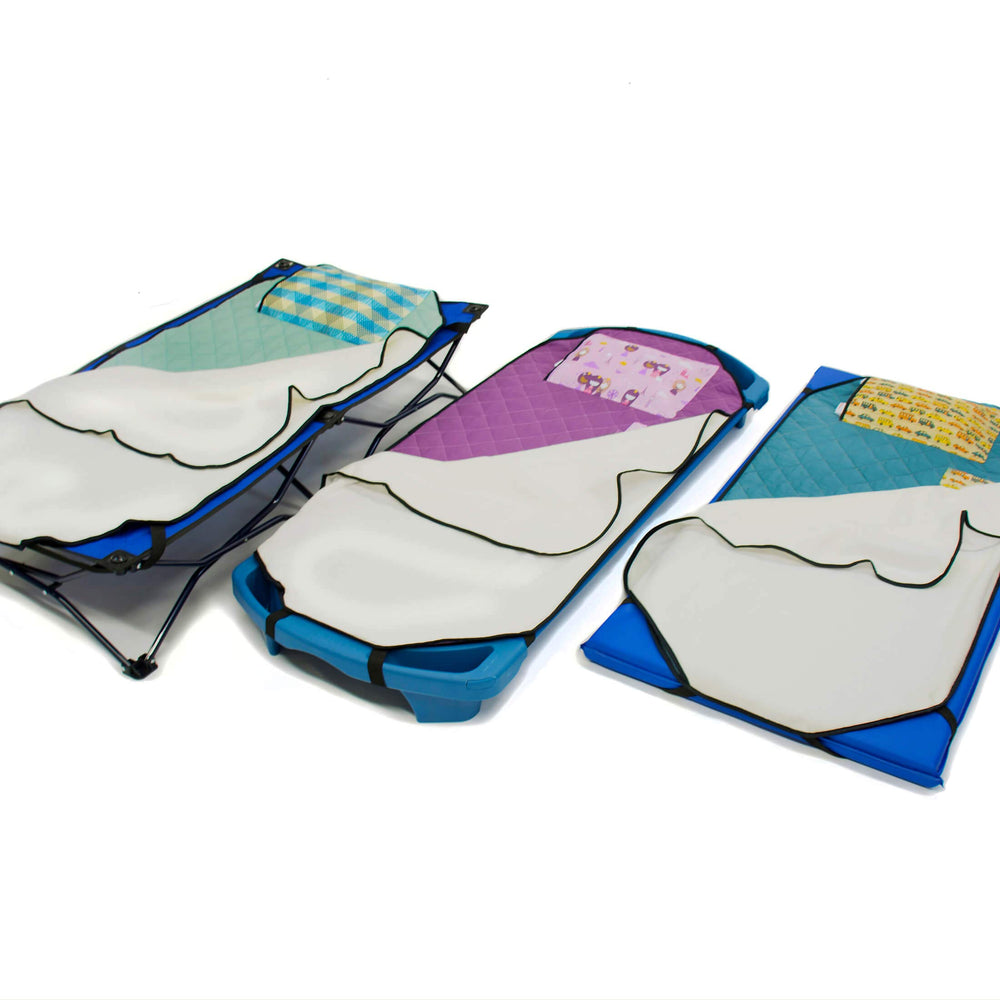 Elastic corner bands secure the mat to cot corners for a snug fit.
