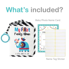 Urban Kiddy soft fabric photo album pages inviting tactile exploration for curious hands.