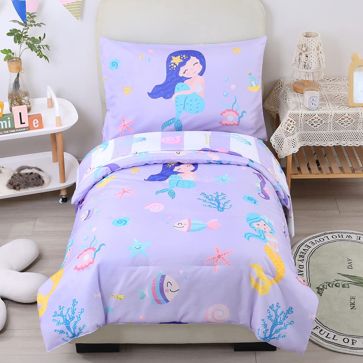 URBONUR mermaid comforter pattern on cozy toddler bedding for soft nights and easy care.