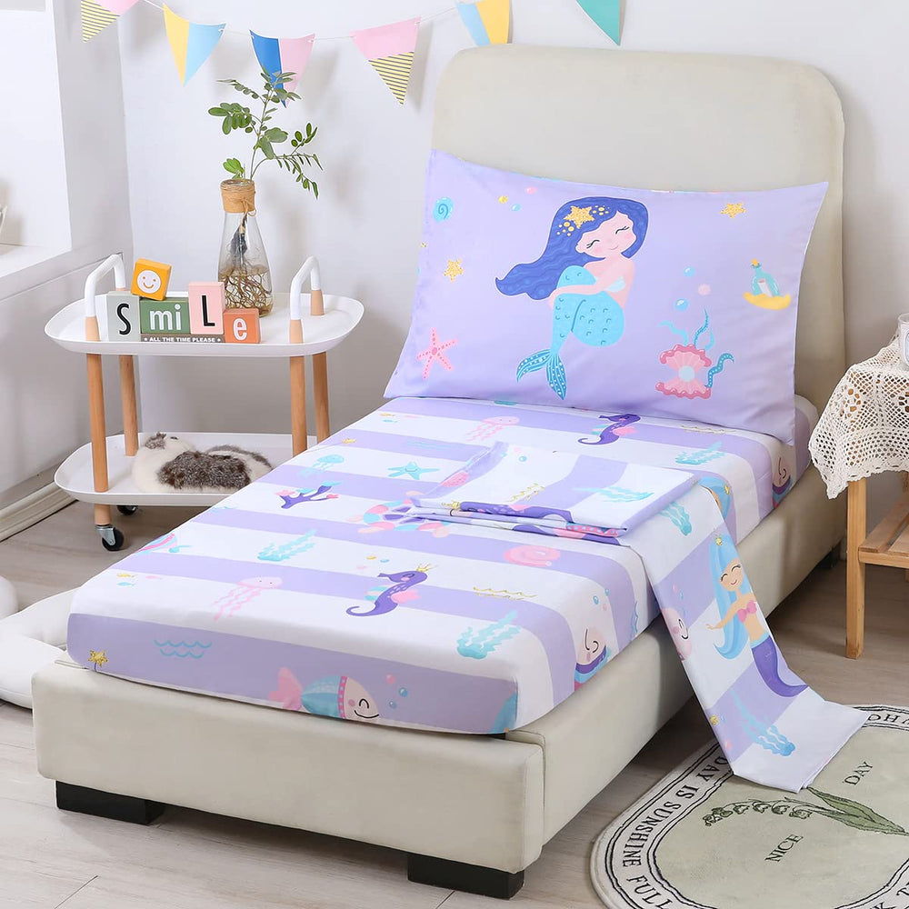 URBONUR mermaid fitted sheet pattern fits standard crib with secure 8-inch pocket.