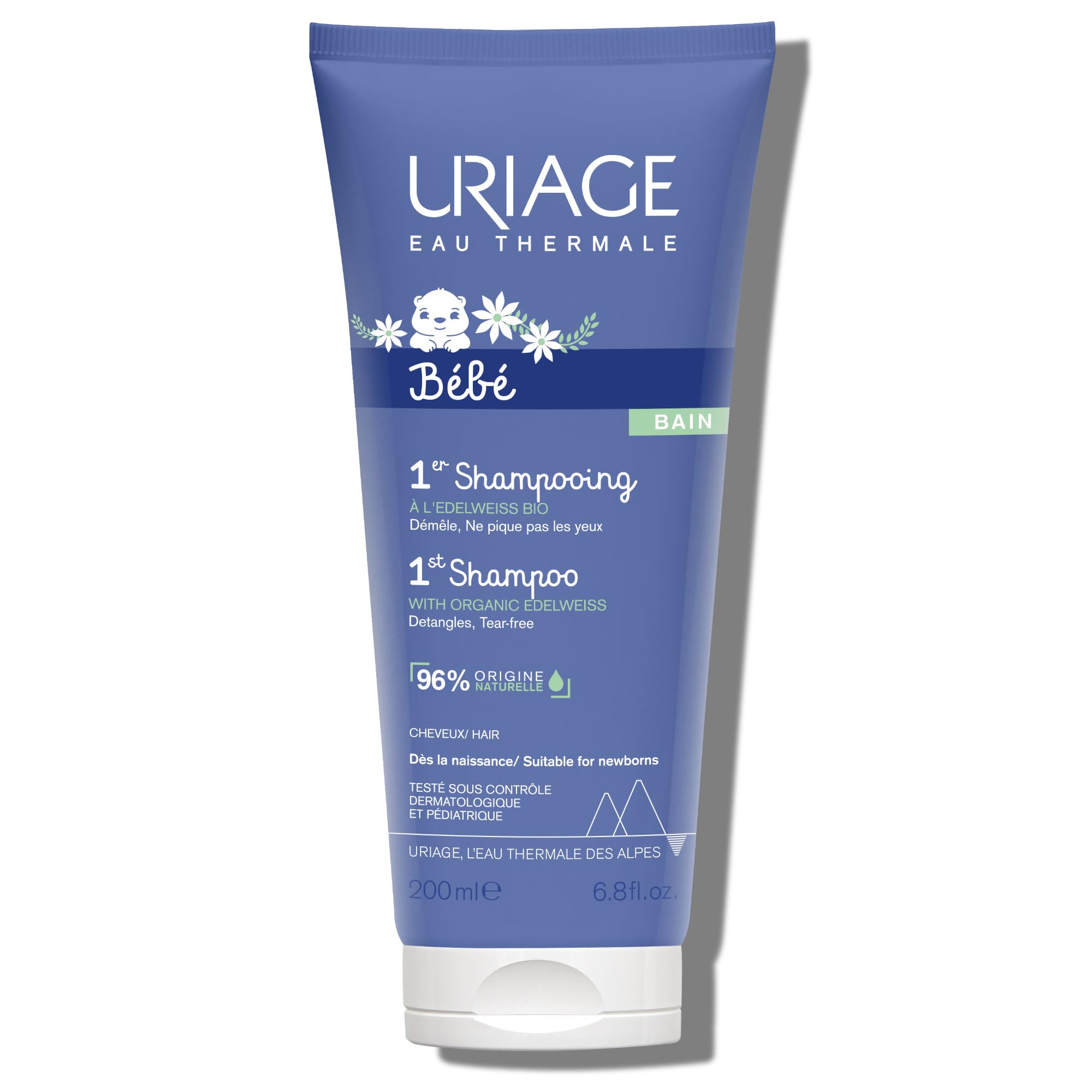 Uriage Baby 1st Shampoo bottle featuring Organic Edelweiss for gentle cleansing.