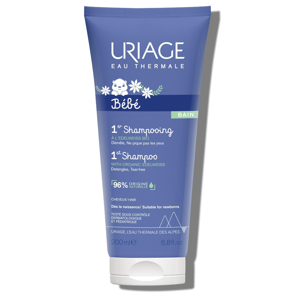 Uriage Baby 1st Shampoo bottle featuring Organic Edelweiss for gentle cleansing.