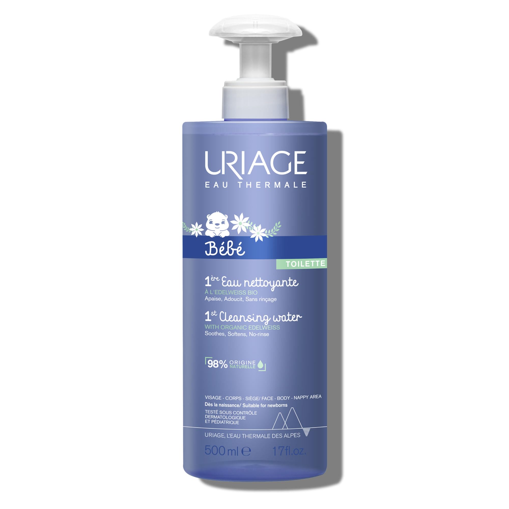 Uriage Baby 1st Cleansing Water bottle pour for quick no-rinse cleansing.