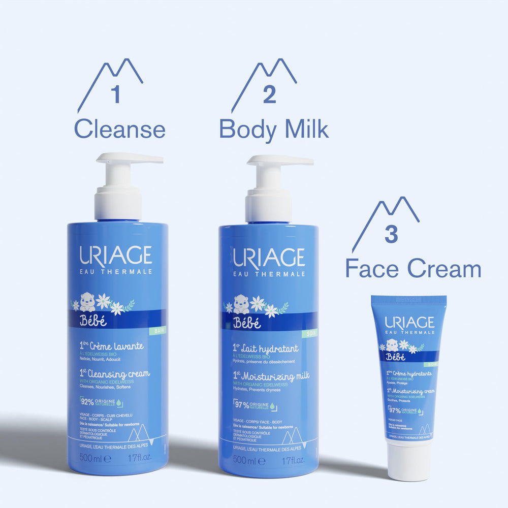 Uriage Baby Daily Moisturizing Lotion being gently applied to a baby's skin for routine care