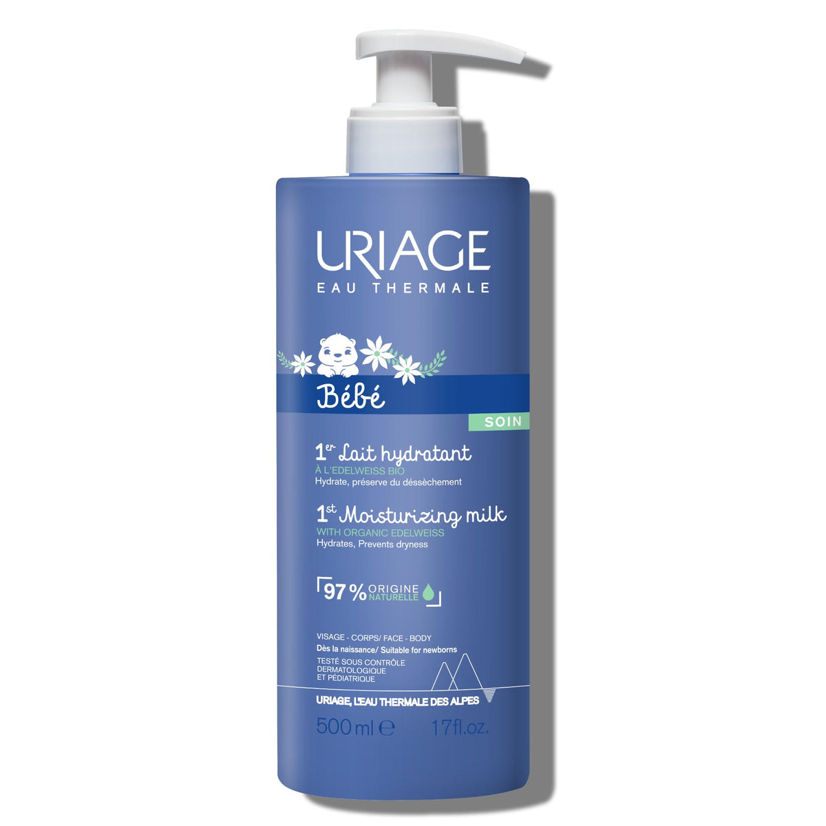 Uriage Baby Daily Moisturizing Lotion bottle showing light daily hydration for delicate newborn skin