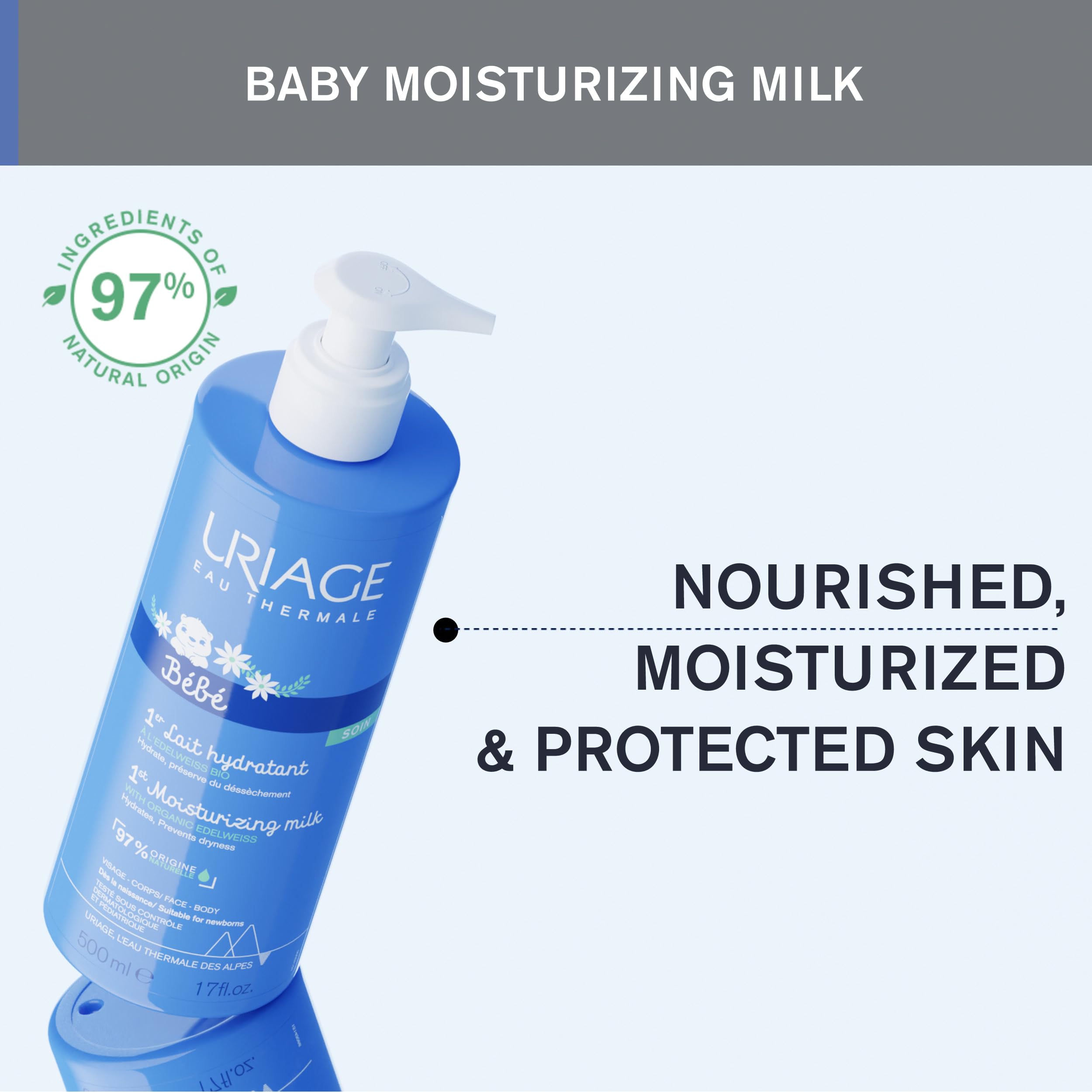 Uriage Baby Daily Moisturizing Lotion rich in Edelweiss and Shea Butter nourishes delicate skin